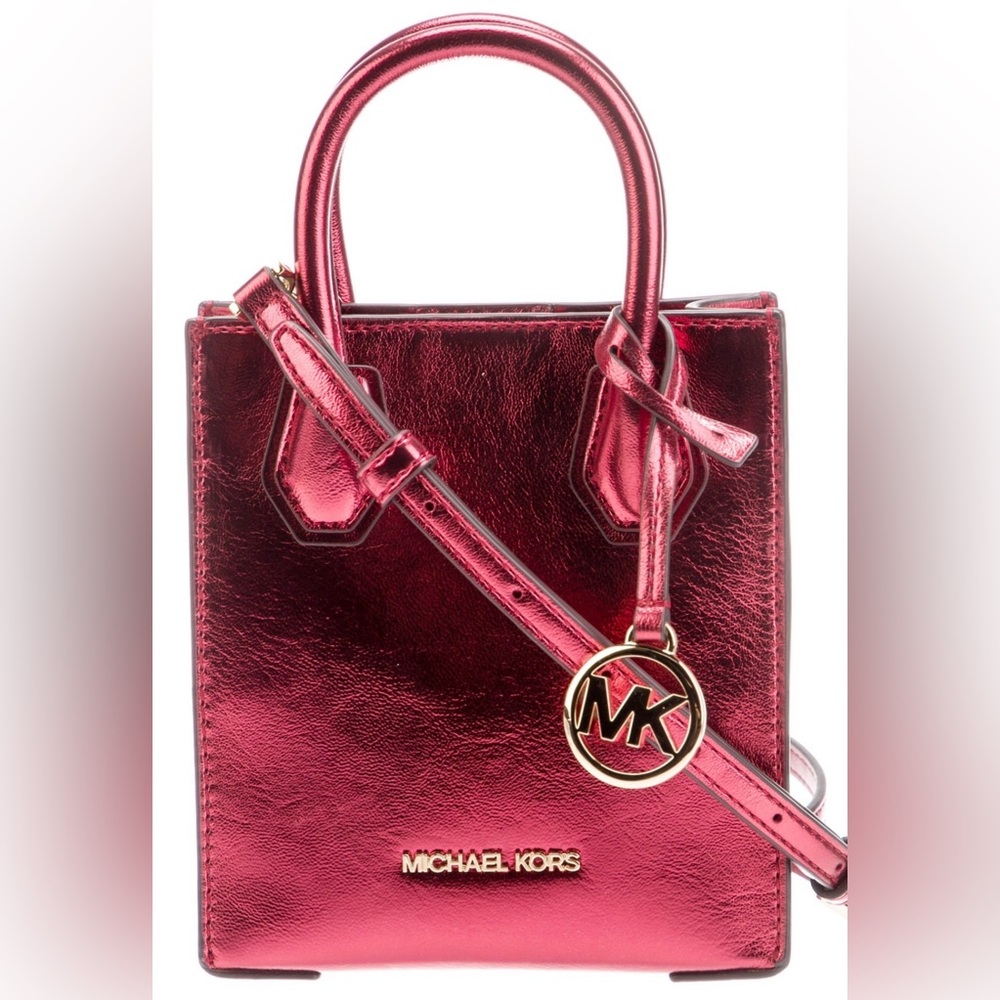 NWT Michael Kors Mercer XS North South Shopper Crossbody in Metallic Crimson Red